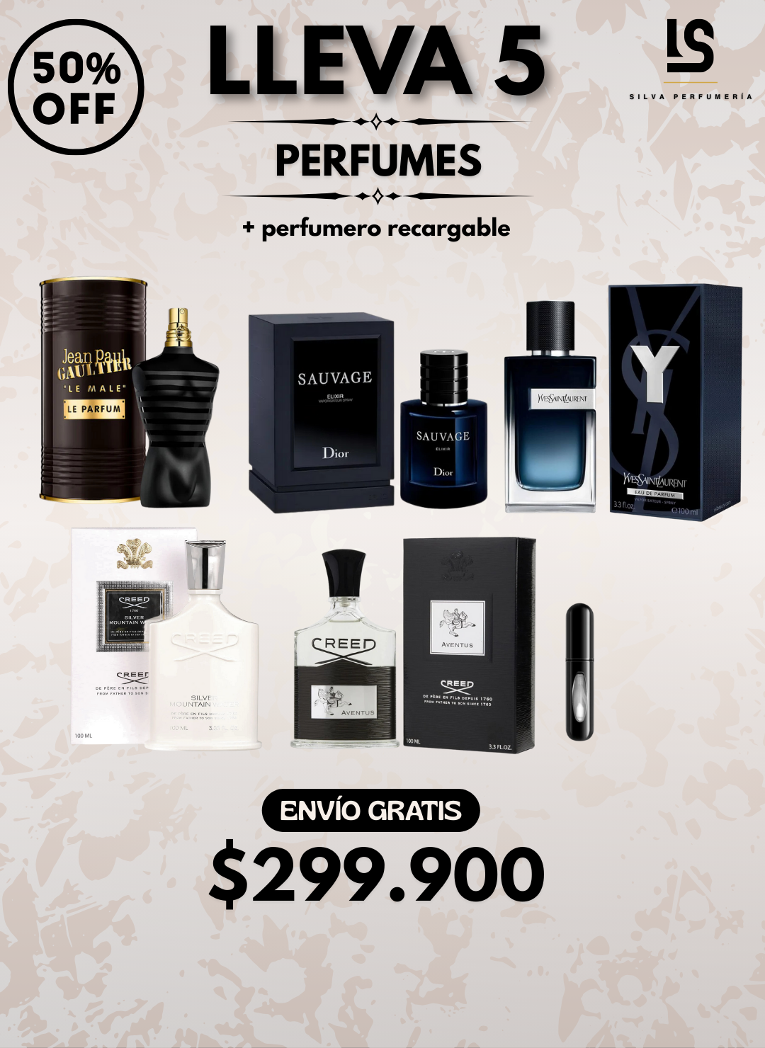 5 PERFUMES + 1 OBSEQUIO ( Y YSL + JPG le male + creed aventus + creed mountain water + sauvage elixir + 1 Perfumero )