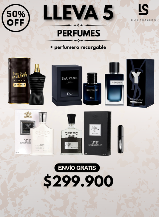 5 PERFUMES + 1 OBSEQUIO ( Y YSL + JPG le male + creed aventus + creed mountain water + sauvage elixir + 1 Perfumero )
