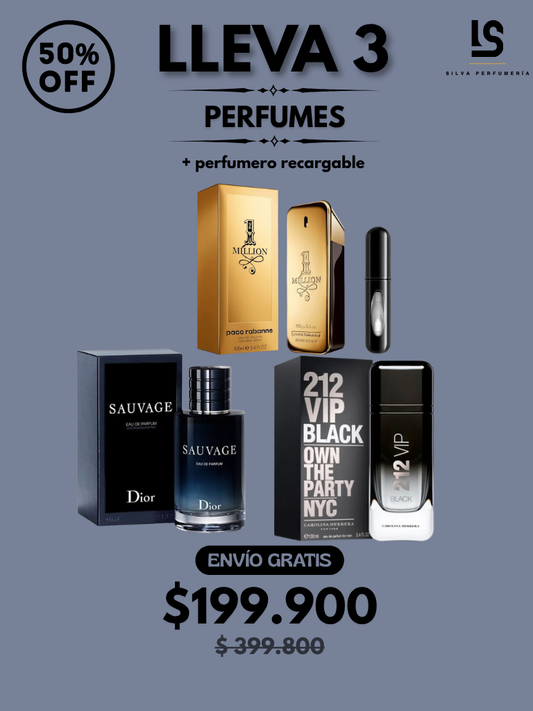 TRÍO PERFUMES ( Dior Savage + One Million + 212 VIP Black ) + Regalo Perfumero 🎁