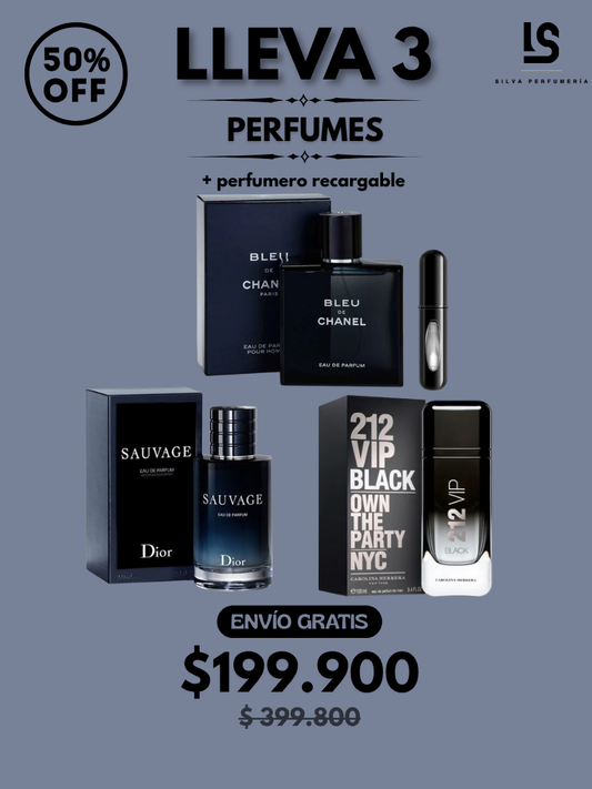 TRÍO PERFUMES ( Dior Savage + Bleu Chanel + 212 VIP Black ) + Regalo Perfumero 🎁