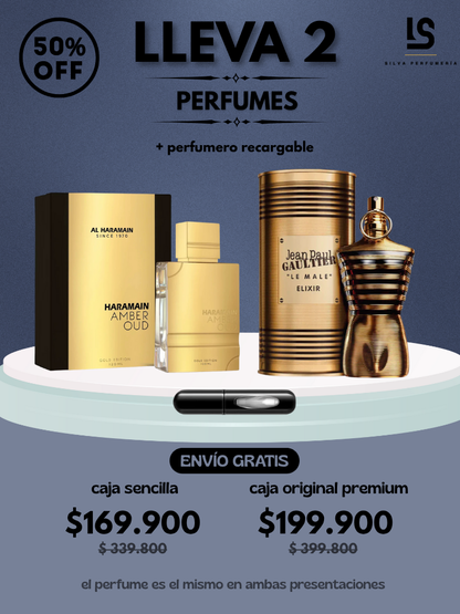 DÚO PERFUMES ( JPG Elixir + Haramain Oud Gold ) + Regalo Perfumero