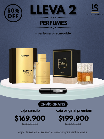 DÚO PERFUMES ( Haramain Oud Gold + Khamrah ) + Regalo Perfumero