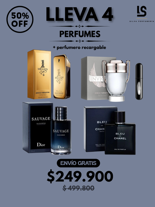 CUATRO  PERFUMES ( Sauvage + Bleu Chanel + One Million + Invictus ) + Regalo Perfumero 🎁