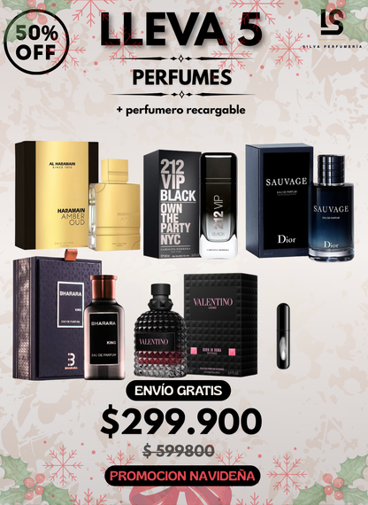 5 PERFUMES + 1 OBSEQUIO ( Alharamain + 212 VIP Black + Sauvage + Bharara King + Valentino Born in Roma int + 1 Perfumero )