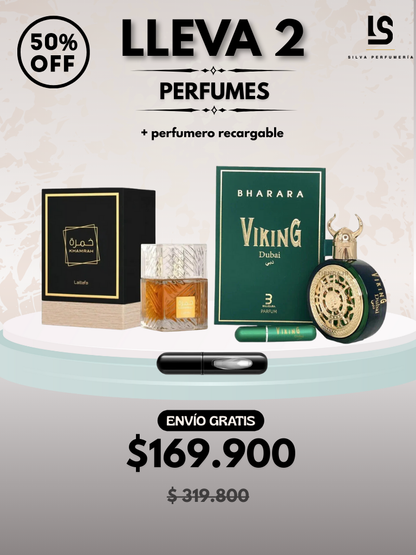DÚO PERFUMES ( Khamrah + Bharara Viking Dubai ) + Regalo Perfumero