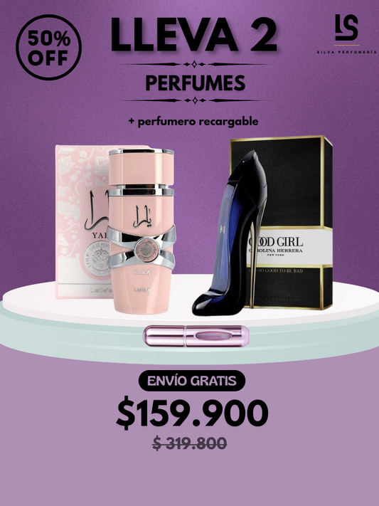 DÚO PERFUMES ( Yara Rosa + Good Girl ) + Regalo Perfumero 🎁