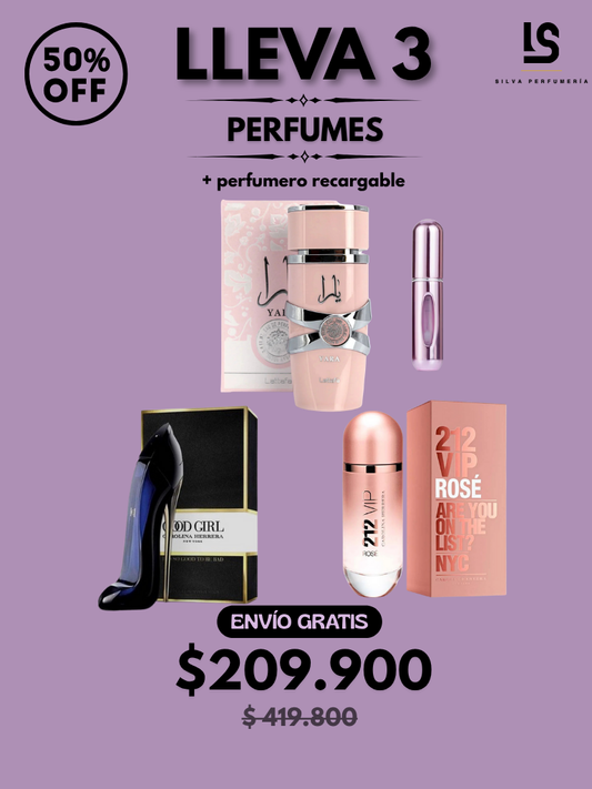 TRÍO PERFUMES ( Yara Rosa + 212 VIP Rosé + Good Girl ) + Regalo Perfumero 🎁