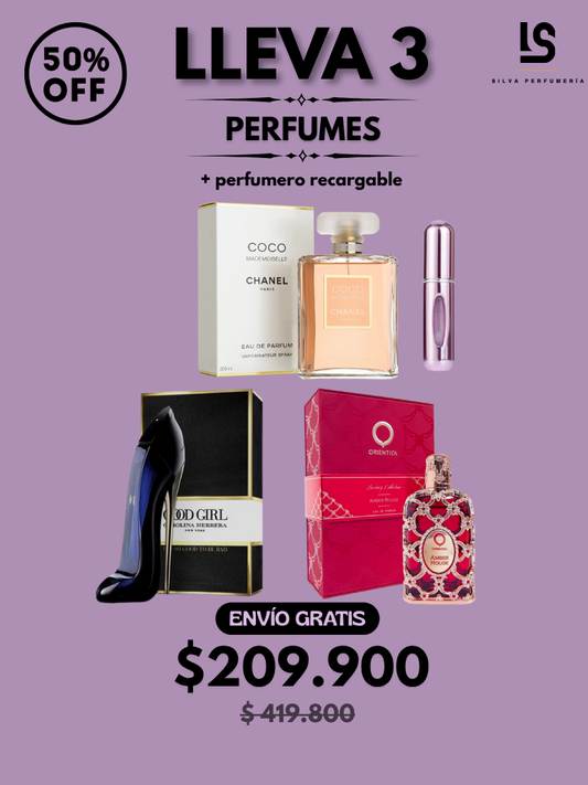 TRÍO PERFUMES ( Amber Rouge + Coco Chanel + Good Girl ) + Regalo Perfumero 🎁