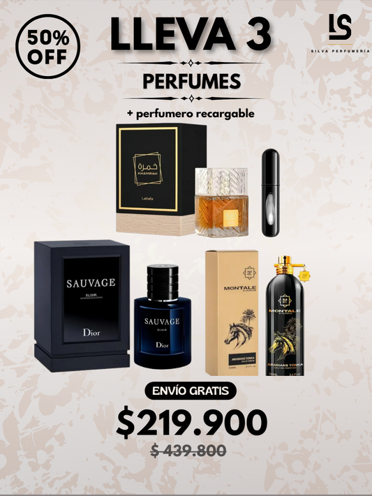 TRIO PERFUMES ( Sauvage Elixir + Khamrah + Montale Arabians Tonka ) + Regalo Perfumero