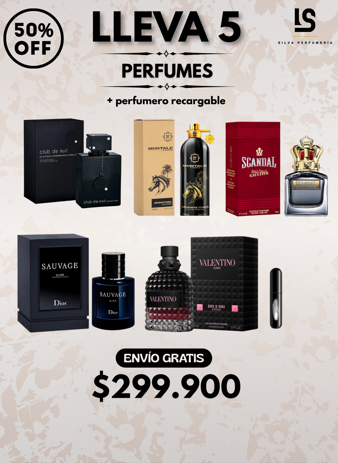 5 PERFUMES + 1 OBSEQUIO ( Valentino + Club de nuit + montale arabians tonka + sauvage elixir + Scandal + 1 Perfumero )