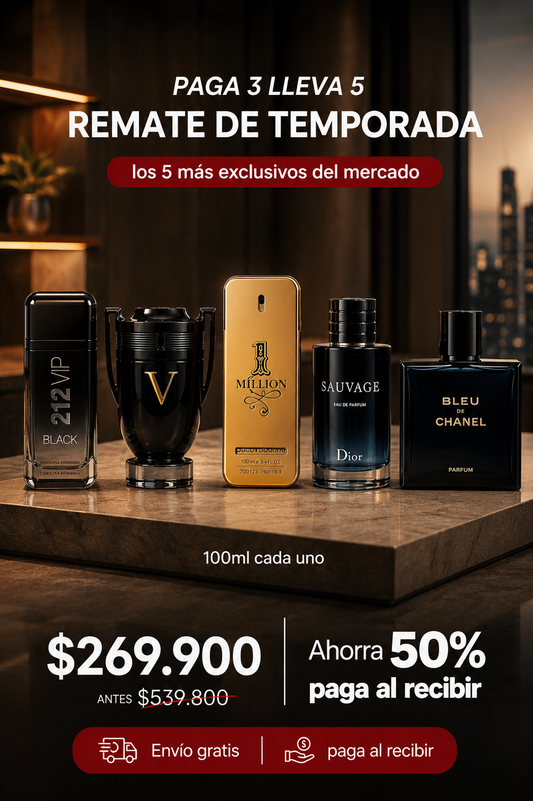 5 PERFUMES ( One Million + 212 VIP + Dior Sauvage+ Bleu Chanel + Invictus Victory+ 1 Perfumero )