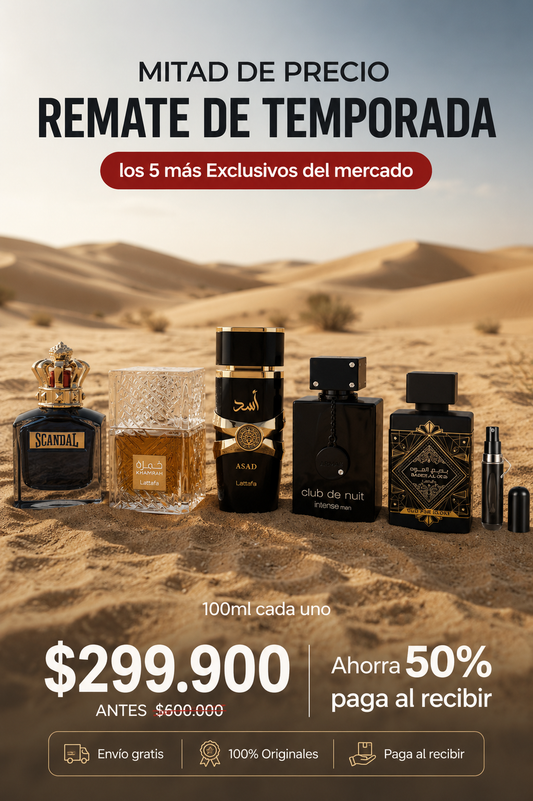 5 PERFUMES ( Khamrah + Club de nuit + Asad + Oud for glory + Scandal + 1 Perfumero )