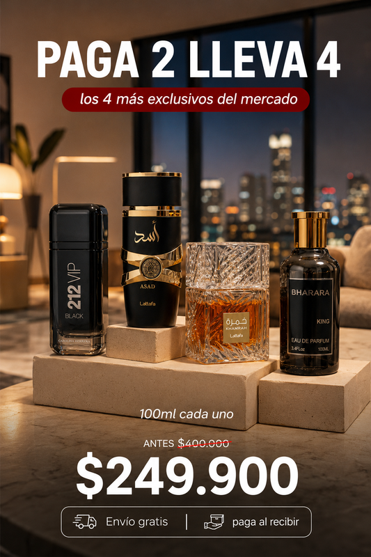 4 PERFUMES ( Bharara King + 212 VIP Black + Asad + Khamrah + 1 Perfumero )