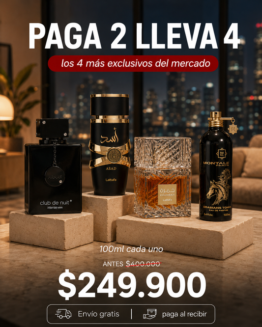 4 PERFUMES ( Club de nuit + Arabians tonka + Asad + Khamrah + 1 Perfumero )