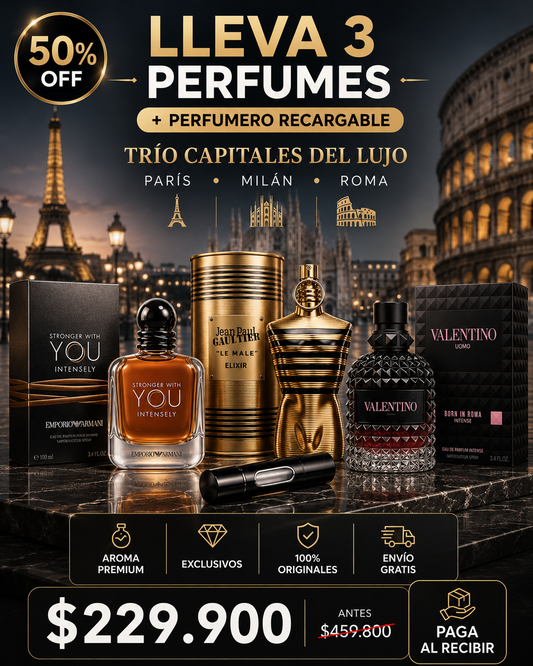 TRÍO PERFUMES ( JPG Elixir + Stronguer WY + Valentino Born in Roma ) + Regalo Perfumero 🎁