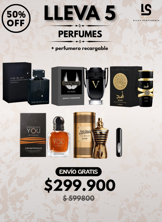 5 PERFUMES + 1 OBSEQUIO ( Club de Nuit + Invictus Victory + Asad + Stroguer Intensly + JPG Elixir + 1 Perfumero )
