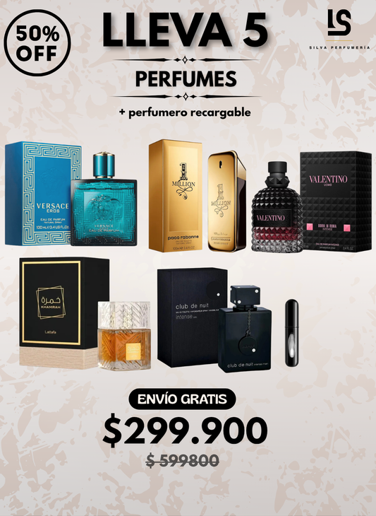 5 PERFUMES + 1 OBSEQUIO ( Khamrah + Eros Versace + One Million + Club de nuit + Valentino Born in Roma int + 1 Perfumero )