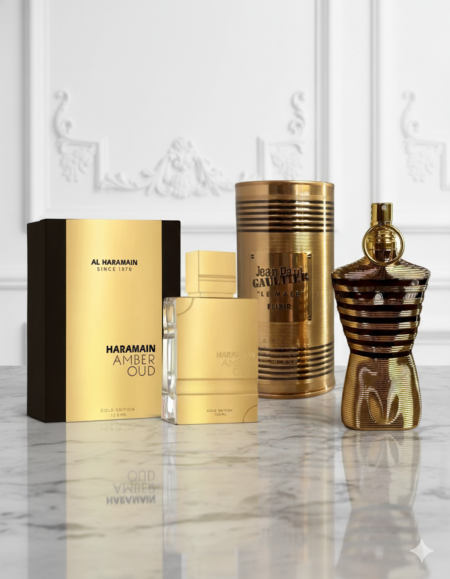 DÚO PERFUMES ( JPG Elixir + Haramain Oud Gold ) + Regalo Perfumero