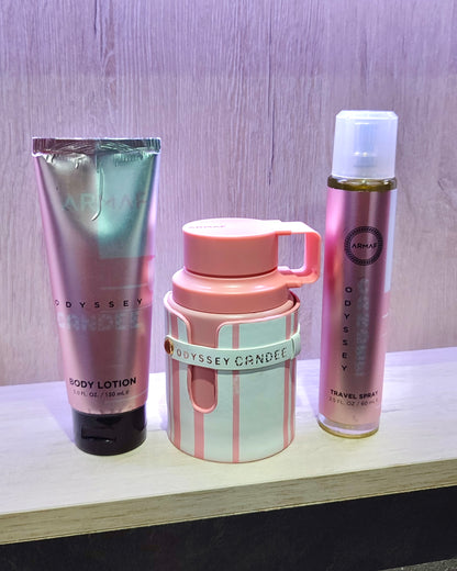 Set Odyssey Candee (Perfume + Crema corporal + Splash + Bolso + empaque lujo)