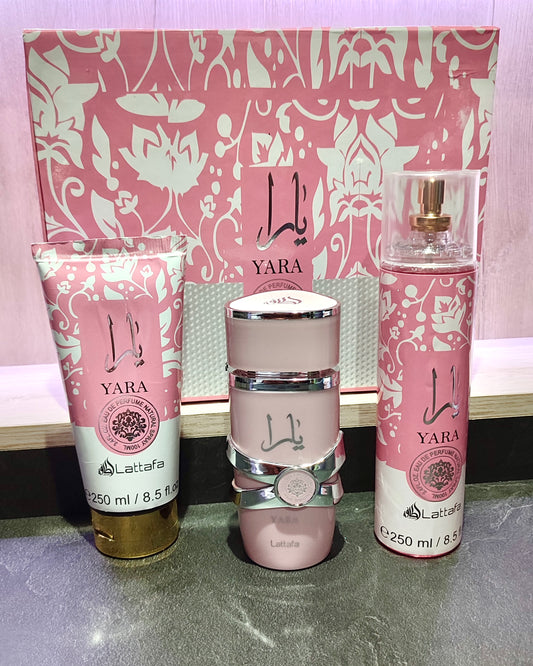 Set Yara (Perfume + Splash + Crema Corporal) + Estuche Lujo