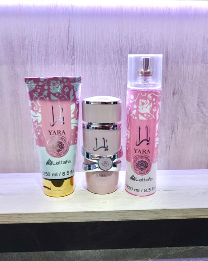 Set Yara (Perfume + Splash + Crema Corporal) + Estuche Lujo