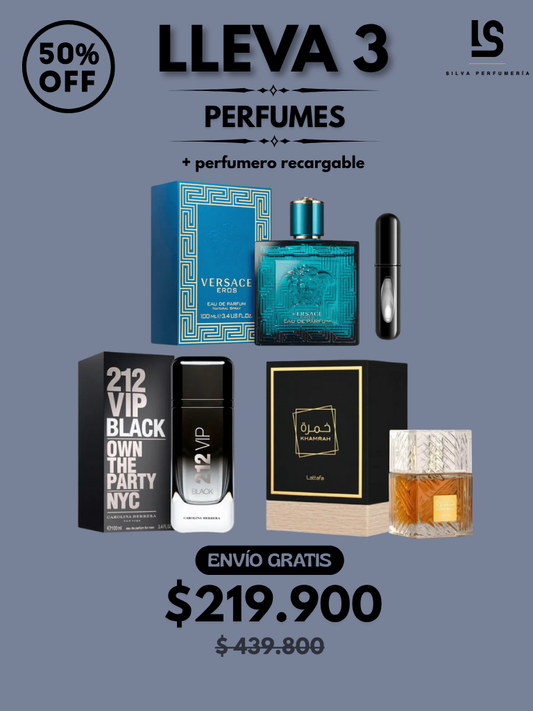 TRÍO PERFUMES ( Eros Versace + Khamrah + 212 VIP Black ) + Regalo Perfumero 🎁