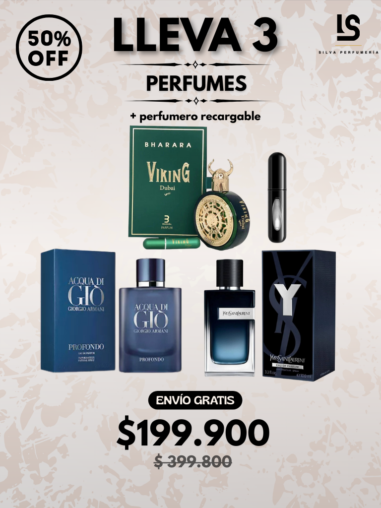 TRIO PERFUMES ( Y Yves Saint Lauren + Aqua Di Gio Profondo + Bharara Viking Dubai ) + Regalo Perfumero