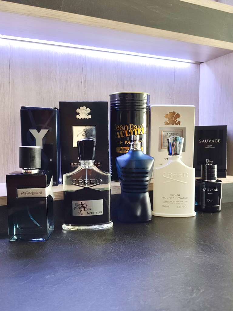 5 PERFUMES + 1 OBSEQUIO ( Y YSL + JPG le male + creed aventus + creed mountain water + sauvage elixir + 1 Perfumero )