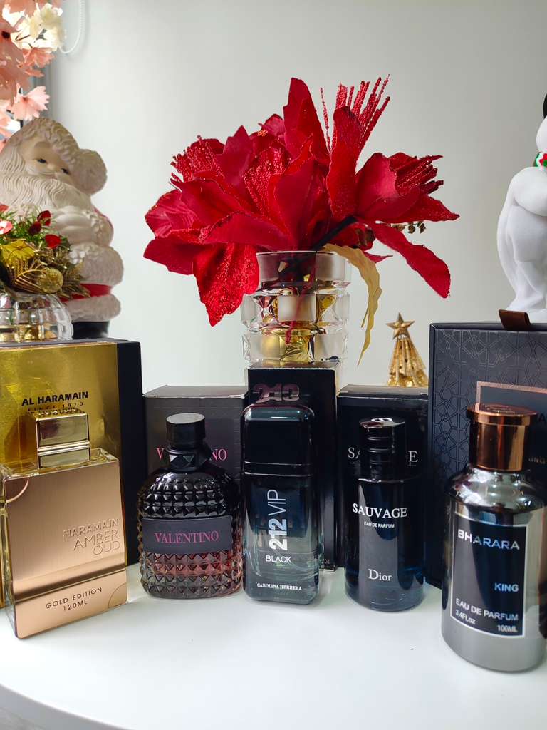 5 PERFUMES + 1 OBSEQUIO ( Alharamain + 212 VIP Black + Sauvage + Bharara King + Valentino Born in Roma int + 1 Perfumero )