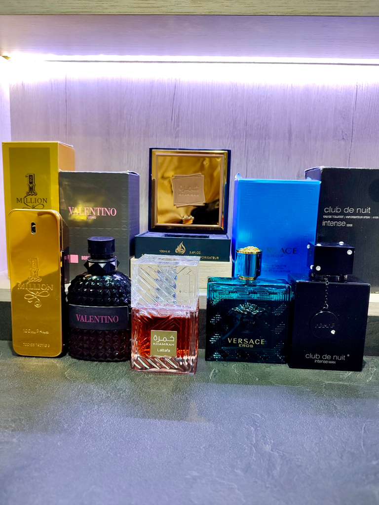 5 PERFUMES + 1 OBSEQUIO ( Khamrah + Eros Versace + One Million + Club de nuit + Valentino Born in Roma int + 1 Perfumero )