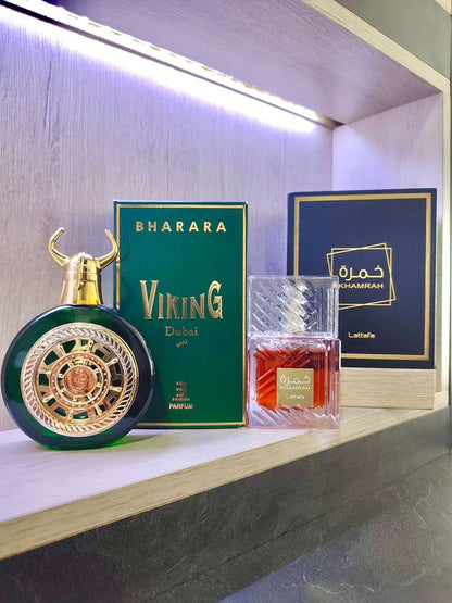 DÚO PERFUMES ( Khamrah + Bharara Viking Dubai ) + Regalo Perfumero